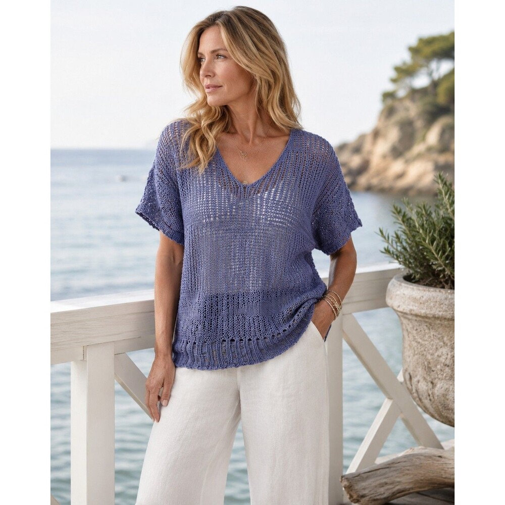 EILEEN FISHER Blue Angel Cotton Metallic Stitch Crochet Sweater Top XL Coastal